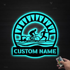 Custom Triathlon Monogram Metal Sign LED Light, Personalized Triathlon Sport Metal Sign,Running Metal Wall Decor, Triathlon Lover Gift