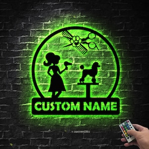 Personalized Dog Grooming Hair Salon Metal Wall Art LED Light Custom Groomer Name Sign Pet Spa Decor Pet Grooming Decoration Xmas Gift