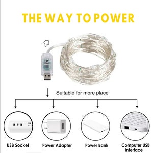 May include: A white USB cable with a white connector on one end and a string of white LED lights on the other end. The text "THE WAY TO POWER" is at the top of the image. The image shows different ways to power the LED lights, including a USB socket, a power adapter, a power bank, and a computer USB interface.
