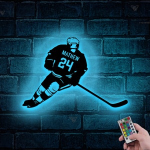 Custom Metal Hockey Sign With LED, Personalized Hockey Name & Number Wall Art LED Light, Hockey Gifts For Boys Bedroom,Hockey Player Sign