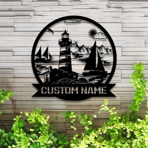 Custom Lighthouse Metal Wall Art Lighthouse Metal Sign Personalized Lighthouse Name Sign Home Decor Nautical Beach House Decor Birthday Gift