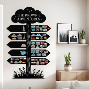 Puede incluir: Letrero de metal negro con forma de árbol con el texto "THE BROWN'S ADVENTURES". El letrero tiene ramas en forma de flecha con imanes temáticos de viajes, incluyendo monumentos y banderas.