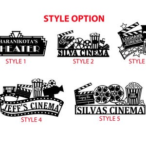 May include: Black and white cinema-themed designs. Five styles feature text like "DHARANIKOTA'S THEATER" and "SILVA CINEMA", along with film reels, popcorn, and clapperboards. "STYLE OPTION" is written in red.