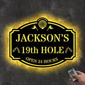 Custom Golfing Metal Wall Art LED Light Personalized Golfer Name Sign Home Decor 19th Hole Golf Club Decoration Golf Gifts for Men Dad Gifts