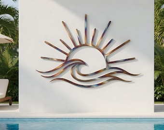 Decoración de pared de metal con diseño costero de olas y sol, ideal para exteriores, junto a la piscina o como adorno para la pared de una casa de playa. Arte inspirado en el océano.