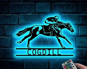 Personalized Horse Racer LED Sign, Custom Metal Wall Art