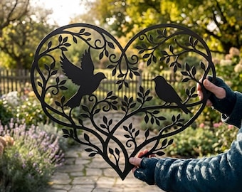 Love Birds Heart Metal Wall Art, Romantic Bird Couple Decor, Outdoor Garden Wall Hanging