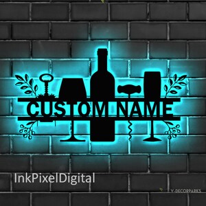 Personalized Wine Bar Sign LED, Custom Wine Sign, Vino Wine Glasses Metal Wall Art LED,Floral Wine Wall Decor,Kitchen Decor,Kitchen Sign