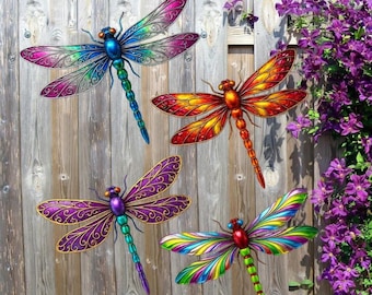 Colorful Dragonfly Metal Wall Art, Outdoor Garden Decor, Vibrant Dragonfly Sculpture, Fence Patio Wall Hanging