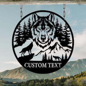 Custom Wolf Metal Sign, Personalized Hanging Mountain Forest Decor, Wolf Mountain Scene Sign, Wolf lover gift,Woodland decor,Gift for hunter