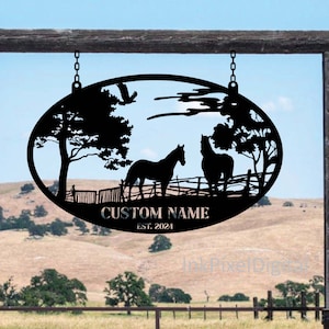 Letrero de granja personalizado, arte de la pared del caballo, decoración personalizada del rancho de caballos, letrero de metal de los caballos, decoración de la pared del caballo, decoración de la granja, decoración del granero, arte del caballo