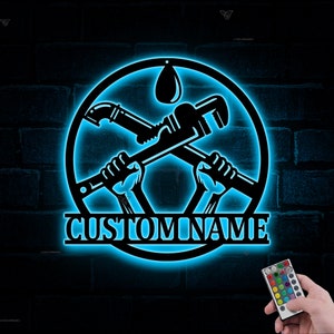 Custom Plumbing Metal Sign LED Light, Personalized Plumber Monogram Metal Sign, Plumber Gifts, Plumber Name Sign Repair Service Cabin Sign