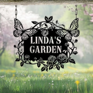 Custom Garden Sign with Butterflies, Floral Yard Decor, Butterfly & Rose Metal, Garden Gift, Butterfly and Flower Metal, Garden lover gifts
