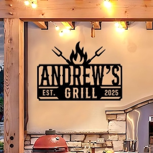 Personalized Grill Metal Sign, Custom BBQ Name Sign, Grill Master Metal Sign, Gift for dad, Grill wall, Backyard chef gift, Grilling decor