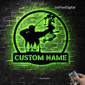 Custom Bow Hunting Metal Wall Art LED Light, Deer Bowhunter Home Decor,Hunting Bow Hunting Sign, Hunter Name Sign,Hunter Gifts, Gift for dad