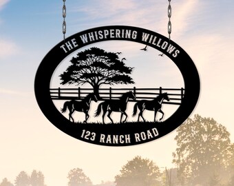 Custom Horse Ranch Sign, Personalized Farm Name Sign, Metal Ranch Address Sign, Gift for farm, Ranch Address Sign with Horses, Home Gift