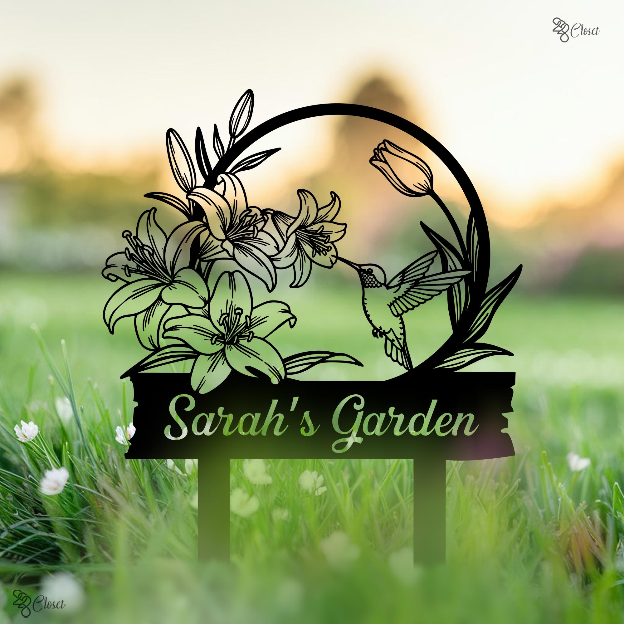 Custom Garden Sign With Flower, Custom Name Yard Stake, Hummingbird ...