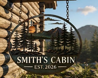 Personalized Family Cabin Sign, Custom Metal Wall Decor, Mountain Pine Tree Plaque, Rustic Outdoor Lodge Sign