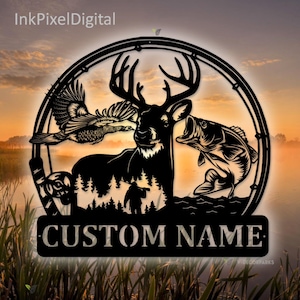 Custom Deer Turkey And Bass Fishing Metal Wall Art Hunting Sign Personalized Hunter Name Sign Home Decor Cabin Decoration Birthday Gift