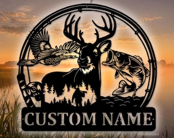 May include: Black metal silhouette of a deer, a fish, and a bird in a circle with a fishing rod and a hunter in the background. The text "CUSTOM NAME" is below the circle.