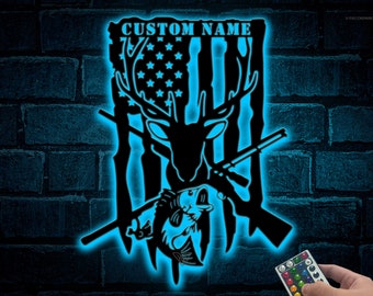 Personalizado ciervos y lubinas pesca metal pared arte LED caza signo personalizado cazador nombre signo hogar decoración cabina decoración pesca signo papá regalo