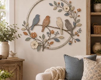 Metal Bird Wall Decor, Blue Jay Cardinal Chickadee Wall Art, Rustic Floral Garden Sign Gift