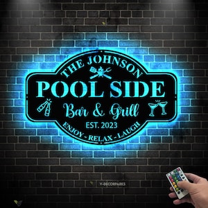 Personalized Family Poolside Sign LED Light,Swimming Pool Metal Sign,Pool Oasis Bar and Grill Metal Wall Decor,Patio Decor,Housewarming Gift