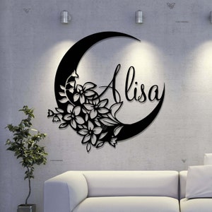 Custom Metal Name Sign, Personalized Moon Metal Sign Moon Name Sign,Kid Nursery Decor,Floral Moon Metal Art,Garden Sign, Family Name Sign