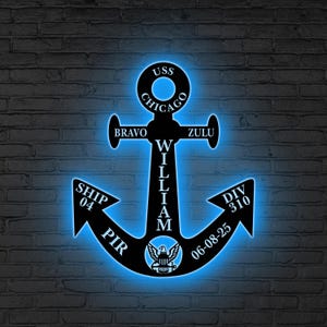 Letrero LED de ancla de la Marina personalizado, letrero militar personalizado para pared, regalo de la Marina de EE. UU. para marinero, regalo para papá, regalo de marinero, decoración LED de ancla, letrero de jubilación