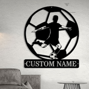 Custom Man Soccer Metal Wall Art LED Light Personalized Football Player Name Sign Home Decor Kid Boy Nursery Decoration Birthday Gift