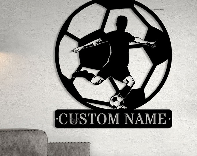 Custom Man Soccer Metal Wall Art LED Light Personalized Football Player Name Sign Home Decor Kid Boy Nursery Decoration Birthday Gift