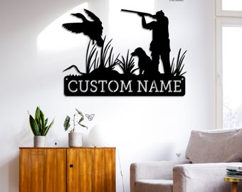 Personalizado pato caza metal pared arte LED luz personalizado cazador nombre signo hogar decoración pato cabina decoración caza signo regalo de cumpleaños