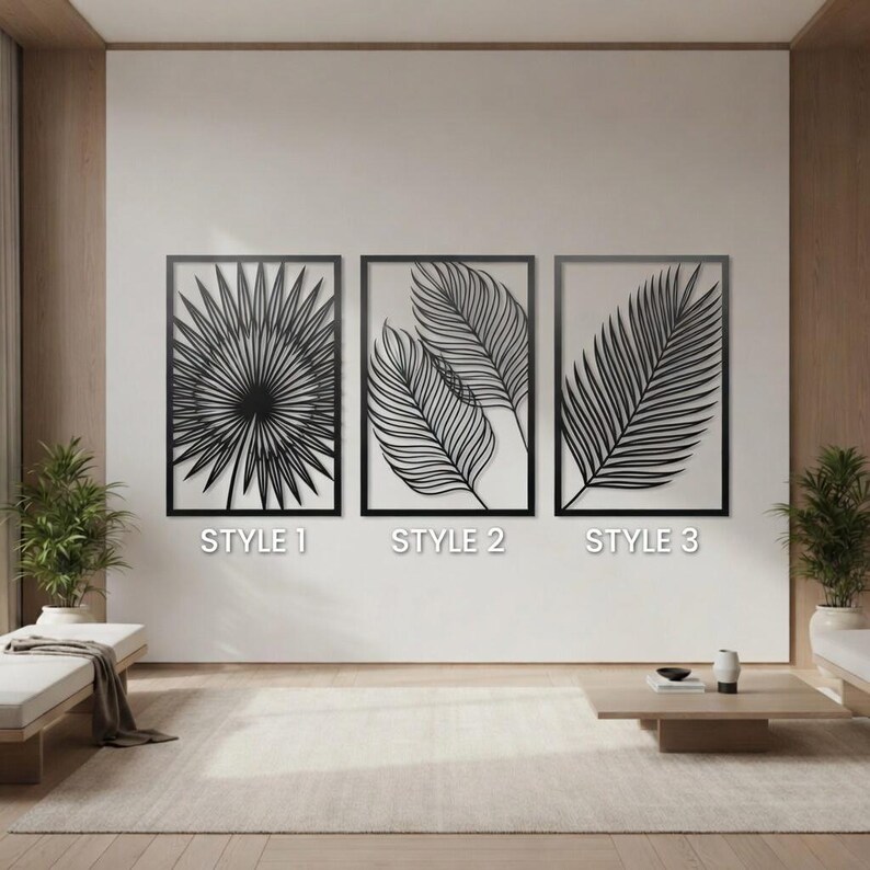 Modern Botanical Metal Wall Decor, Palm Leaf Wall Art Set, Minimalist ...