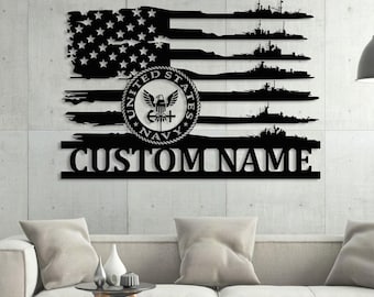 Custom US Navy Veteran Metal Wall Art LED, Military Gift Personalized Veteran Name Sign US Navy Ships Metal Wall Art, Navy Ships Metal Sign