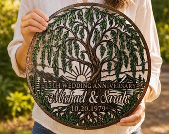 Personalized Couple Metal Sign, Willow Tree Wall Decor, Custom Wedding Date Art, Milestone Anniversary Keepsake Gift