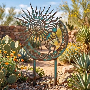 Kokopelli Sun Metal Garden Stake, Southwest Yard Art, Desert Outdoor Decor, Rustic Patio Sculpture, Native Inspired Decor