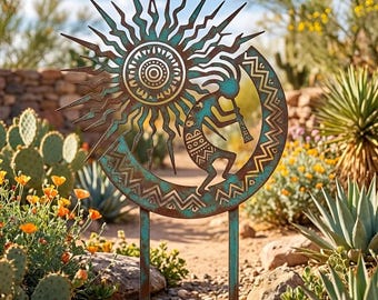 Kokopelli Sun Metal Garden Stake, Southwest Yard Art, Desert