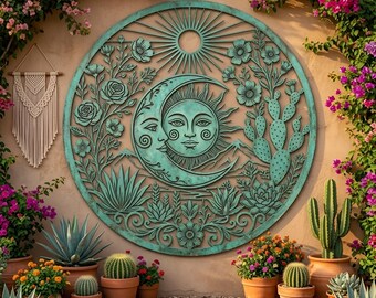 Celestial Metal Wall Decor, Sun Moon Face Art, Bohemian Garden Wall Hanging, Southwestern Outdoor Sign