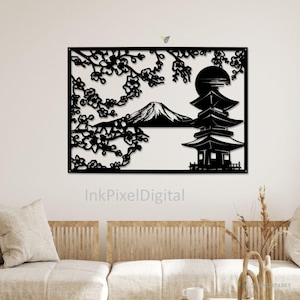 Japanese Metal Wall Art, Cherry Blossom Metal Wall Decor, Mount Fuji Contemporary Landscape Art, Japan Inspired Metal Wall Decor Japan Lover
