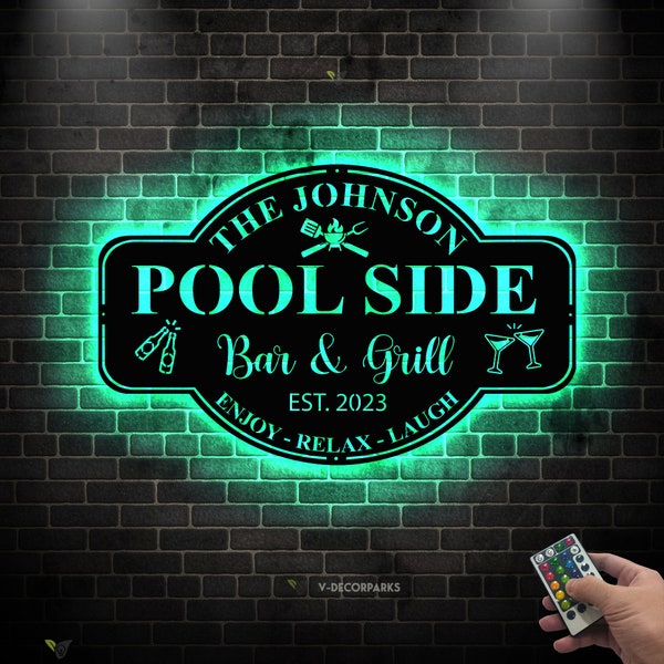 Personalized Sign for Pool Bar Metal Family PoolSide Bar and Grill Sign LED Light,Bar and Grill Metal Wall Decor,Pool Oasis, Poolside Decor