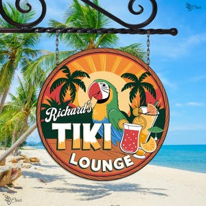 Custom Tiki Lounge Sign, Personalized Tropical Bar Outdoor, Gift for beach, Backyard Tiki Lounge Sign, Backyard Bar Parrot Decor, Beach Wall
