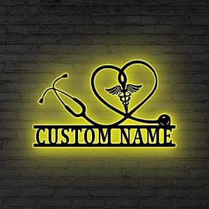 Custom Medical Symbol Caduceus MD Star Nursing Metal Wall Art LED Light RN Doctor Decor Personalized Nurse Hearting Name Sign Doctor Gift