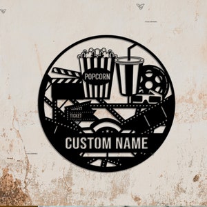 Custom Movie And Popcorn Metal Wall Art Personalized Family Home Theater Name Sign Home Decor Home Theater Metal Sign Home Cinema SIgn