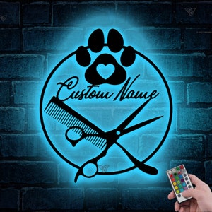 Custom Dog Grooming Hair Salon Metal Wall Art LED Light Dog Grooming Sign Personalized Groomer Name Sign Home Decor Pet Barber Shop Decor