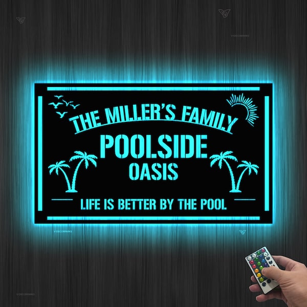 Personalized Family Poolside Oasis Sign LED Light,Pool & Patio Sign Pool Metal Sign,Custom Poolside Sign,Tiki Bar,Backyard Oasis Sign