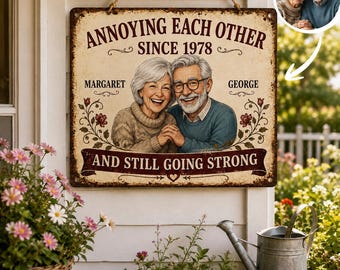 Personalized Couple Portrait Sign, Custom Anniversary Photo Decor, Funny Marriage Gift, Names and Established Year Metal Sign