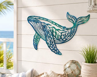 Whale Wall Decor, Blue Metal Sea Life Art, Beach House Coastal Wall Sign For Ocean Lovers