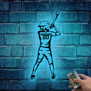 Custom Boy Baseball Metal Wall Art LED Light Personalized Baseball Player Name Sign Home Decor Kid Nursery Decoration Birthday Gift for boy