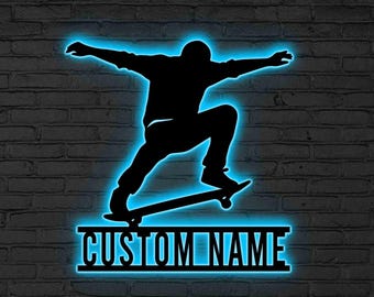 Letrero LED de patineta personalizado, luz de pared de patinador personalizada, regalo para hijo, decoración de pared LED de patineta, regalo para adolescente, luz de habitación de patineta
