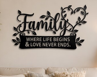 Familie, wo das Leben beginnt, schwarze Metallwandkunst, Liebe endet nie Hauptdekoration, Hauptgeschenk